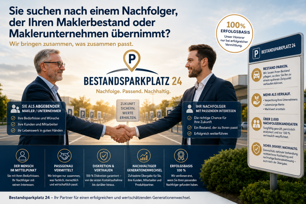 Bestandsparkplatz 24 Sie suchen nach einem Nachfolger, der Ihren Maklerbestand oder Maklerunternehmen übernimmt?